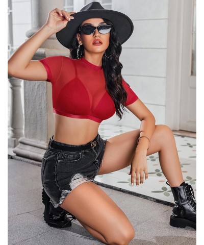 Women Mesh Top Sexy Sheer Crop Tops See Through Short Sleeve Shirt with Bra Wine Red $11.06 T-Shirts