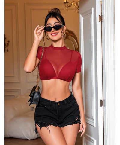 Women Mesh Top Sexy Sheer Crop Tops See Through Short Sleeve Shirt with Bra Wine Red $11.06 T-Shirts