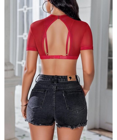 Women Mesh Top Sexy Sheer Crop Tops See Through Short Sleeve Shirt with Bra Wine Red $11.06 T-Shirts