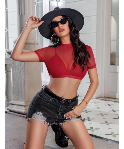 Women Mesh Top Sexy Sheer Crop Tops See Through Short Sleeve Shirt with Bra Wine Red $11.06 T-Shirts