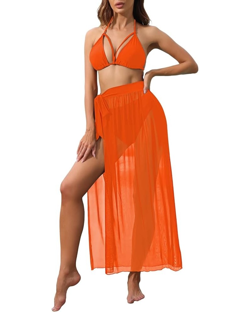 Women's 3 Piece High Waist Swimsuit Halter Neck Bikini with Mesh Cover Up Skirt Orange $10.25 Swimsuits