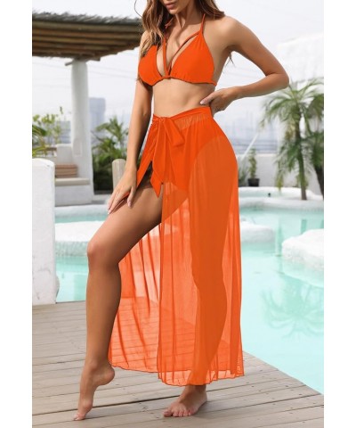 Women's 3 Piece High Waist Swimsuit Halter Neck Bikini with Mesh Cover Up Skirt Orange $10.25 Swimsuits