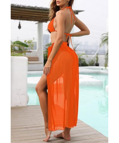 Women's 3 Piece High Waist Swimsuit Halter Neck Bikini with Mesh Cover Up Skirt Orange $10.25 Swimsuits