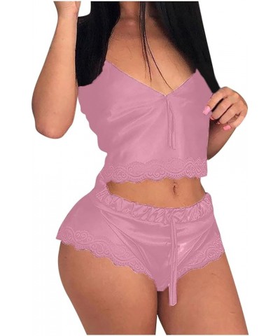 Womens Cozy Soft Silk Satin Pajama Sets Two Piece Lace Trim Tank Tops and Shorts Cute Bowknot Teddy Babydoll Nightwear Pink $...