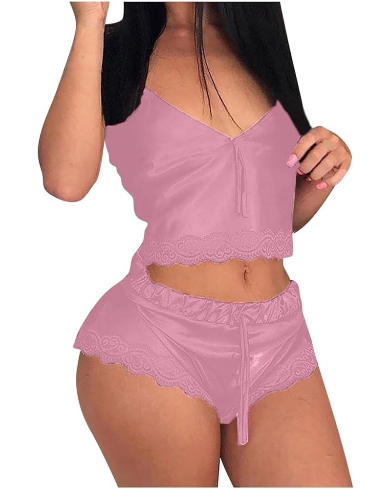 Womens Cozy Soft Silk Satin Pajama Sets Two Piece Lace Trim Tank Tops and Shorts Cute Bowknot Teddy Babydoll Nightwear Pink $...