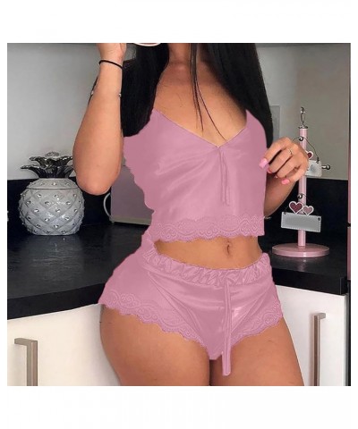 Womens Cozy Soft Silk Satin Pajama Sets Two Piece Lace Trim Tank Tops and Shorts Cute Bowknot Teddy Babydoll Nightwear Pink $...