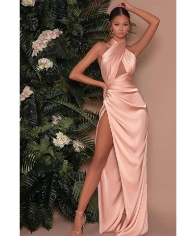 Halter Prom Dresses for Teens 2024 with Slit Satin Mermaid Bridesmaid Dress for Women Long Formal Evening Gown Blush Pink $32...