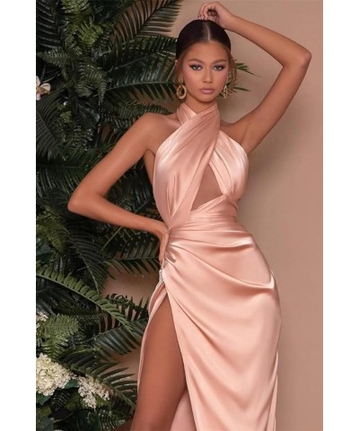 Halter Prom Dresses for Teens 2024 with Slit Satin Mermaid Bridesmaid Dress for Women Long Formal Evening Gown Blush Pink $32...