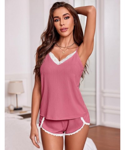 Womens Pajama Sets Soft Lingerie Sleepwear 2 Piece Cami Shorts Set V Neck Pj Lace Nightwear Rose $10.89 Sleep & Lounge