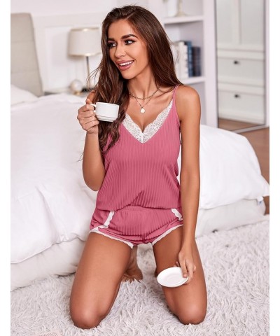 Womens Pajama Sets Soft Lingerie Sleepwear 2 Piece Cami Shorts Set V Neck Pj Lace Nightwear Rose $10.89 Sleep & Lounge