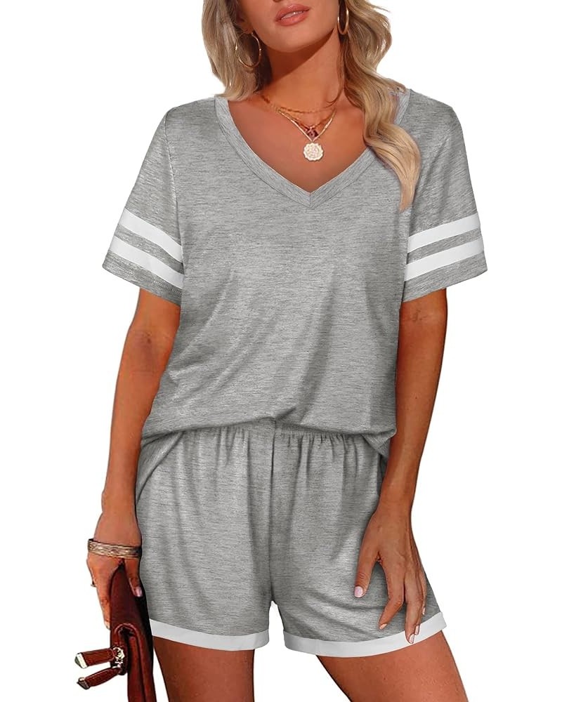 Lounge Set for Women 2 Piece Outfits Short Sleeve V Neck Pjs Sleepwear Soft 03-flecking Gray $13.42 Sleep & Lounge