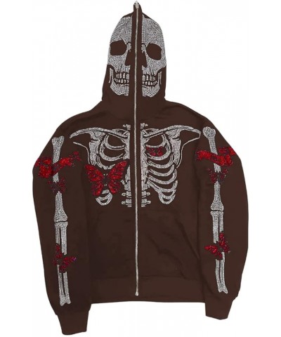 Y2k Zip Up Rhinestone Oversized Sweatshirt Hoodie Women Men Harajuku Gothic Aesthetic Skeleton Printed Jacket Top E Brown $15...