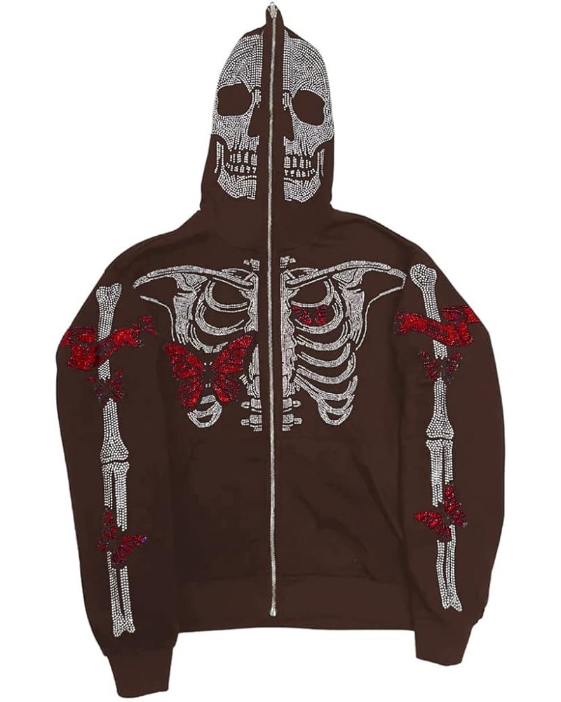 Y2k Zip Up Rhinestone Oversized Sweatshirt Hoodie Women Men Harajuku Gothic Aesthetic Skeleton Printed Jacket Top E Brown $15...