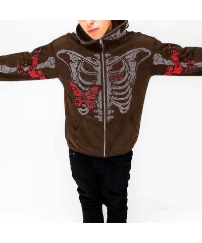 Y2k Zip Up Rhinestone Oversized Sweatshirt Hoodie Women Men Harajuku Gothic Aesthetic Skeleton Printed Jacket Top E Brown $15...