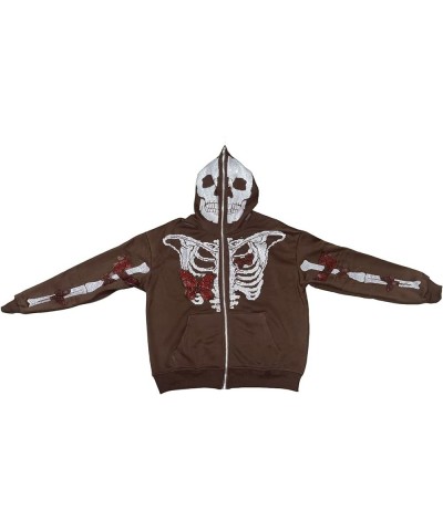 Y2k Zip Up Rhinestone Oversized Sweatshirt Hoodie Women Men Harajuku Gothic Aesthetic Skeleton Printed Jacket Top E Brown $15...