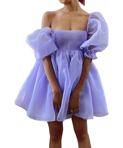 Womens Off-Shoulder Ruffled Fluffy Short-Sleeved Mesh Party Mini Princess Dress Purple $31.89 Dresses