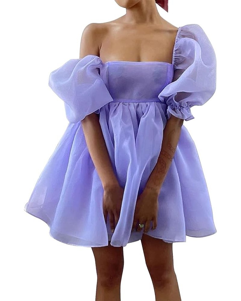 Womens Off-Shoulder Ruffled Fluffy Short-Sleeved Mesh Party Mini Princess Dress Purple $31.89 Dresses