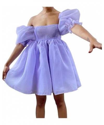 Womens Off-Shoulder Ruffled Fluffy Short-Sleeved Mesh Party Mini Princess Dress Purple $31.89 Dresses