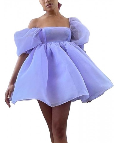 Womens Off-Shoulder Ruffled Fluffy Short-Sleeved Mesh Party Mini Princess Dress Purple $31.89 Dresses