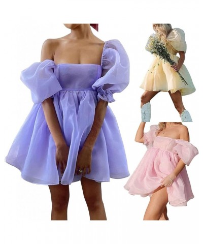 Womens Off-Shoulder Ruffled Fluffy Short-Sleeved Mesh Party Mini Princess Dress Purple $31.89 Dresses