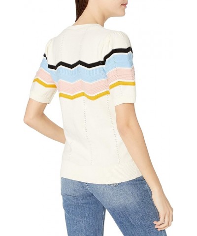 Women's Zig Zag Stitch Short Sleeve Sweater - Crewneck Soft Cotton Pullover Knit Top Multi-ivory $17.80 Sweaters