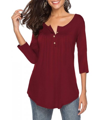 Womens Shirts Casual Tee V Neck 3/4 Sleeve Button up Loose Fits Tunic Tops Blouses Burgundy $14.74 Tops