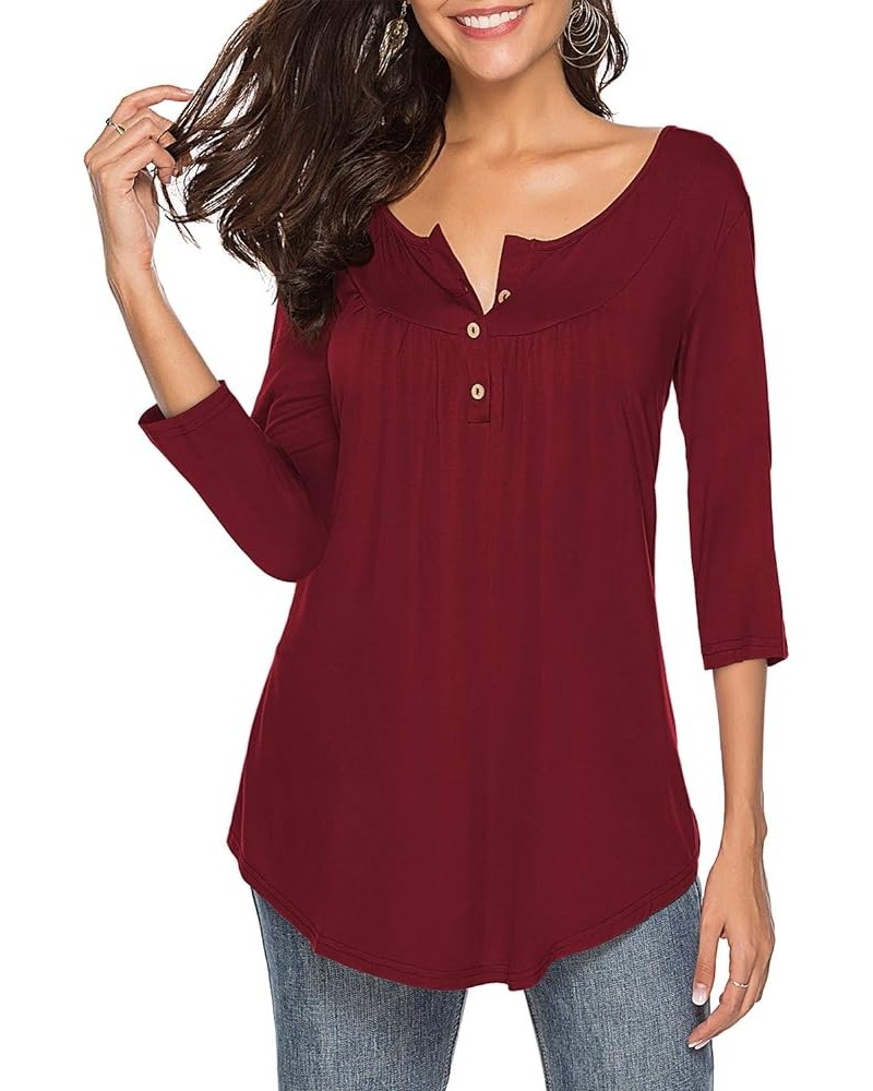 Womens Shirts Casual Tee V Neck 3/4 Sleeve Button up Loose Fits Tunic Tops Blouses Burgundy $14.74 Tops