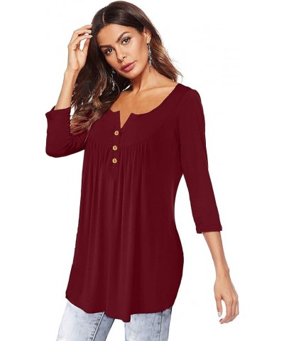 Womens Shirts Casual Tee V Neck 3/4 Sleeve Button up Loose Fits Tunic Tops Blouses Burgundy $14.74 Tops