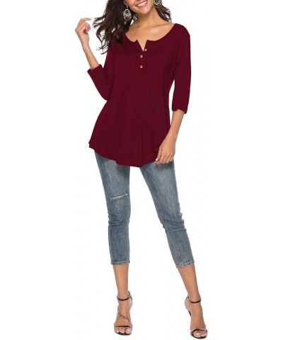 Womens Shirts Casual Tee V Neck 3/4 Sleeve Button up Loose Fits Tunic Tops Blouses Burgundy $14.74 Tops