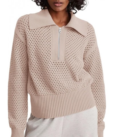 Women's Half Zip Pullover Sweaters Crochet Lapel Collar Long Sleeve Knit Solid Color Jumper Tops Khaki $20.89 Sweaters