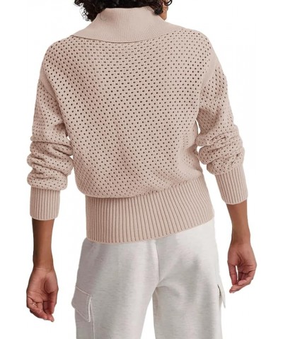 Women's Half Zip Pullover Sweaters Crochet Lapel Collar Long Sleeve Knit Solid Color Jumper Tops Khaki $20.89 Sweaters