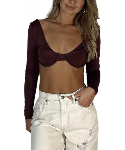 Women Sexy Retro Square Neck Crop Top Bustier Long Sleeve Low Cut Cropped T Shirt Streetwear B Red Brown $11.33 T-Shirts