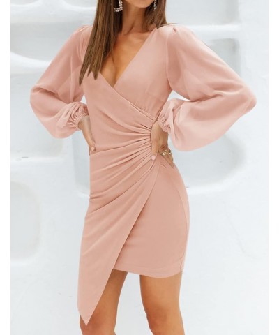 Women's Wrap V Neck Bodycon Mini Dress Puff Long Sleeve Ruched Asymmetrical Hem Cocktail Party Short Dresses Dustypink $26.51...