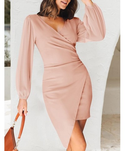 Women's Wrap V Neck Bodycon Mini Dress Puff Long Sleeve Ruched Asymmetrical Hem Cocktail Party Short Dresses Dustypink $26.51...