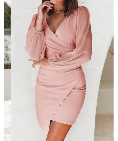 Women's Wrap V Neck Bodycon Mini Dress Puff Long Sleeve Ruched Asymmetrical Hem Cocktail Party Short Dresses Dustypink $26.51...