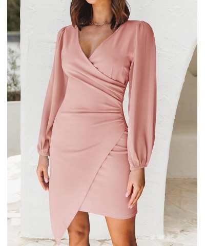 Women's Wrap V Neck Bodycon Mini Dress Puff Long Sleeve Ruched Asymmetrical Hem Cocktail Party Short Dresses Dustypink $26.51...