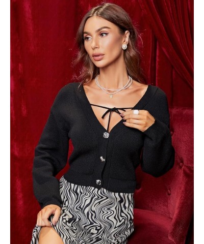 Women's Tie Front Solid Single Breasted V Neck Long Sleeve Cardigan Black $20.89 Sweaters