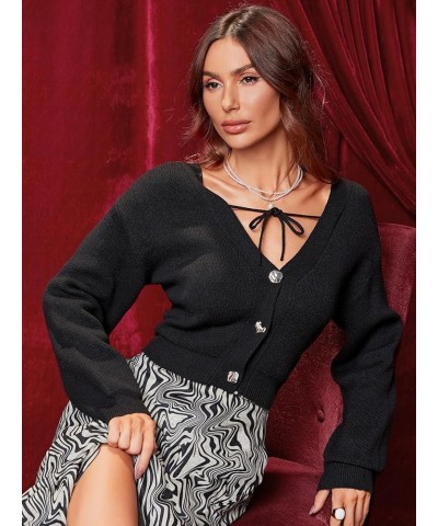 Women's Tie Front Solid Single Breasted V Neck Long Sleeve Cardigan Black $20.89 Sweaters