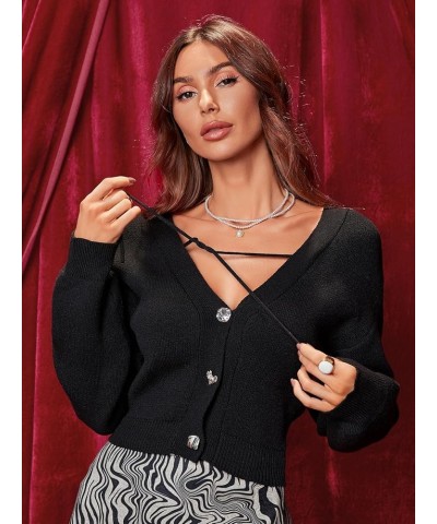 Women's Tie Front Solid Single Breasted V Neck Long Sleeve Cardigan Black $20.89 Sweaters