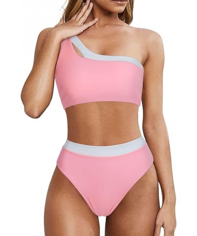 Women Cutout One Shoulder High Waisted Bikini High Cut Two Piece Swimsuits Pink White $21.45 Swimsuits