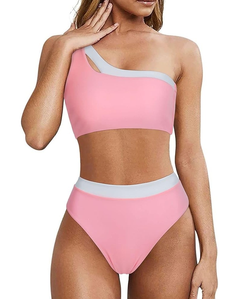 Women Cutout One Shoulder High Waisted Bikini High Cut Two Piece Swimsuits Pink White $21.45 Swimsuits