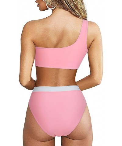 Women Cutout One Shoulder High Waisted Bikini High Cut Two Piece Swimsuits Pink White $21.45 Swimsuits