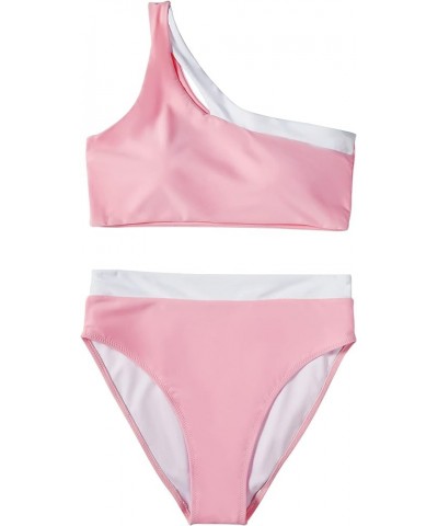 Women Cutout One Shoulder High Waisted Bikini High Cut Two Piece Swimsuits Pink White $21.45 Swimsuits