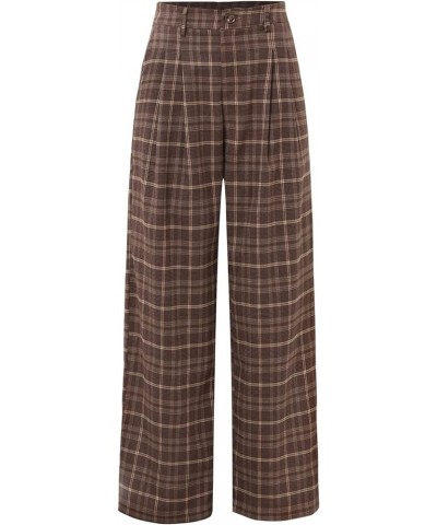 Women's High Waist Plaid Pants Casual Wide Leg Long Pant Casual Trousers Brown $25.54 Pants