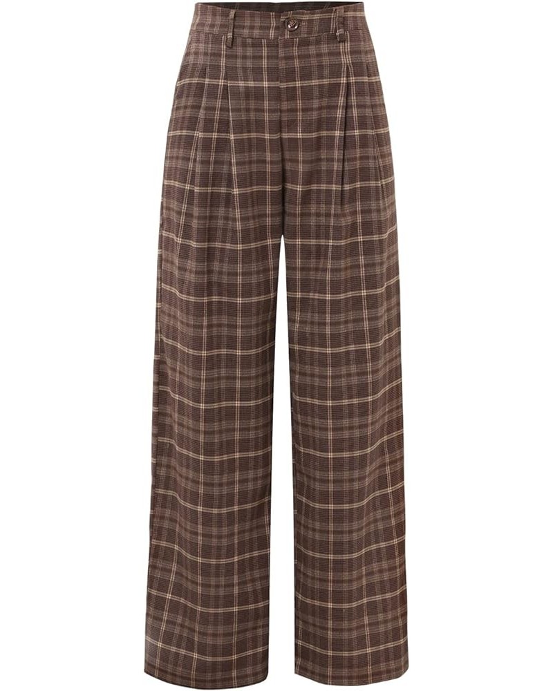 Women's High Waist Plaid Pants Casual Wide Leg Long Pant Casual Trousers Brown $25.54 Pants