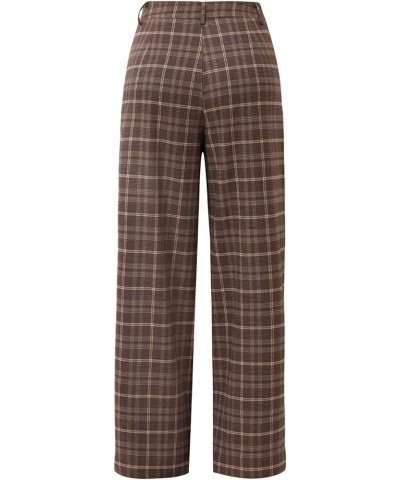 Women's High Waist Plaid Pants Casual Wide Leg Long Pant Casual Trousers Brown $25.54 Pants