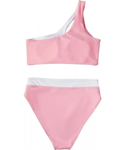 Women Cutout One Shoulder High Waisted Bikini High Cut Two Piece Swimsuits Pink White $21.45 Swimsuits