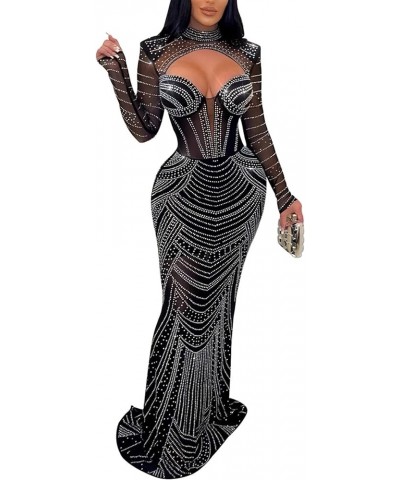 Women's Rhinestone Dress Sexy See Through Sheer Party Club Night Out Birthday Maxi Long Dress Black-2 $24.73 Dresses