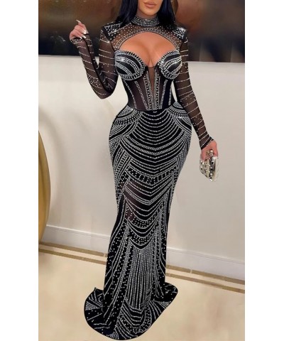 Women's Rhinestone Dress Sexy See Through Sheer Party Club Night Out Birthday Maxi Long Dress Black-2 $24.73 Dresses