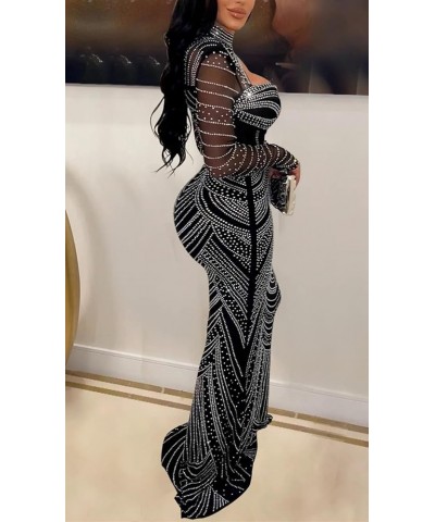 Women's Rhinestone Dress Sexy See Through Sheer Party Club Night Out Birthday Maxi Long Dress Black-2 $24.73 Dresses